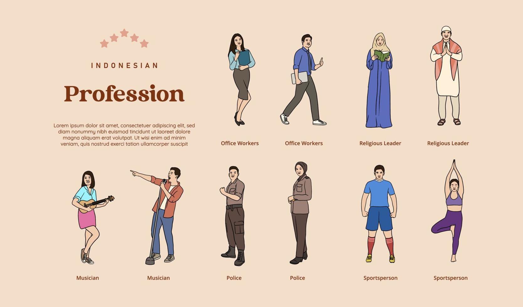 Isolated various Indonesian Professions hand drawn illustration vector