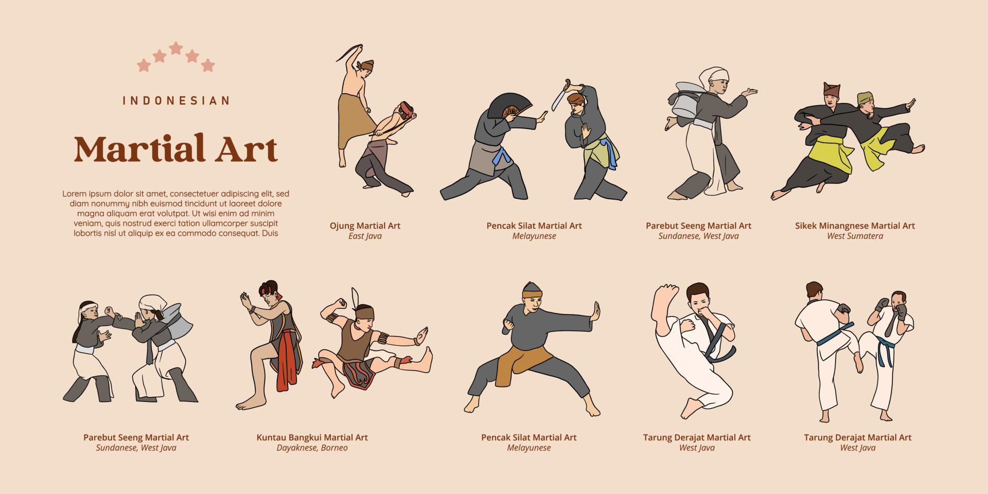 Isolated Indonesian various Martial Art Handdrawn Illustration vector