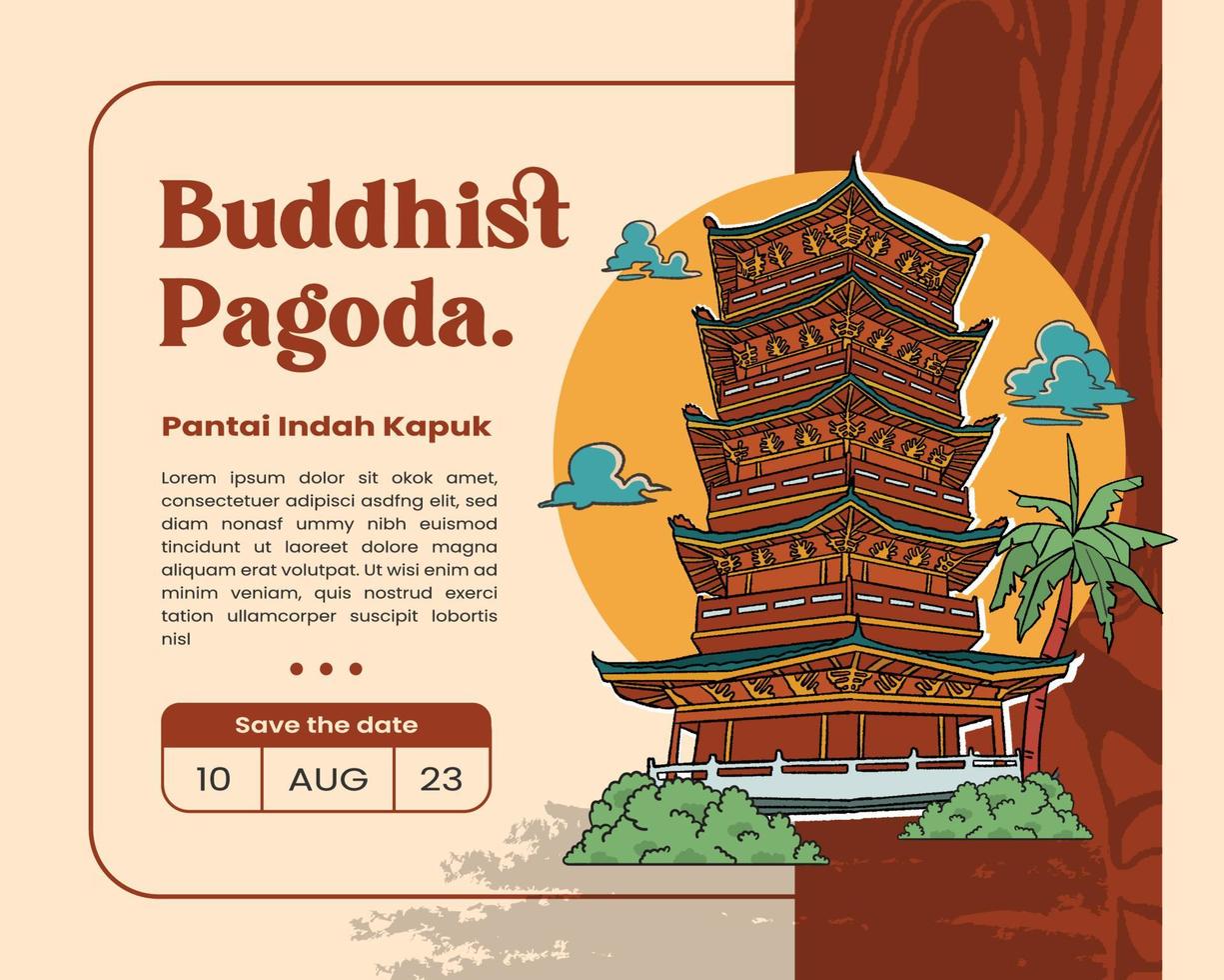 Religion building in Jakarta hand drawn illustration. Event Poster with Buddist Vihara Indonesian background vector