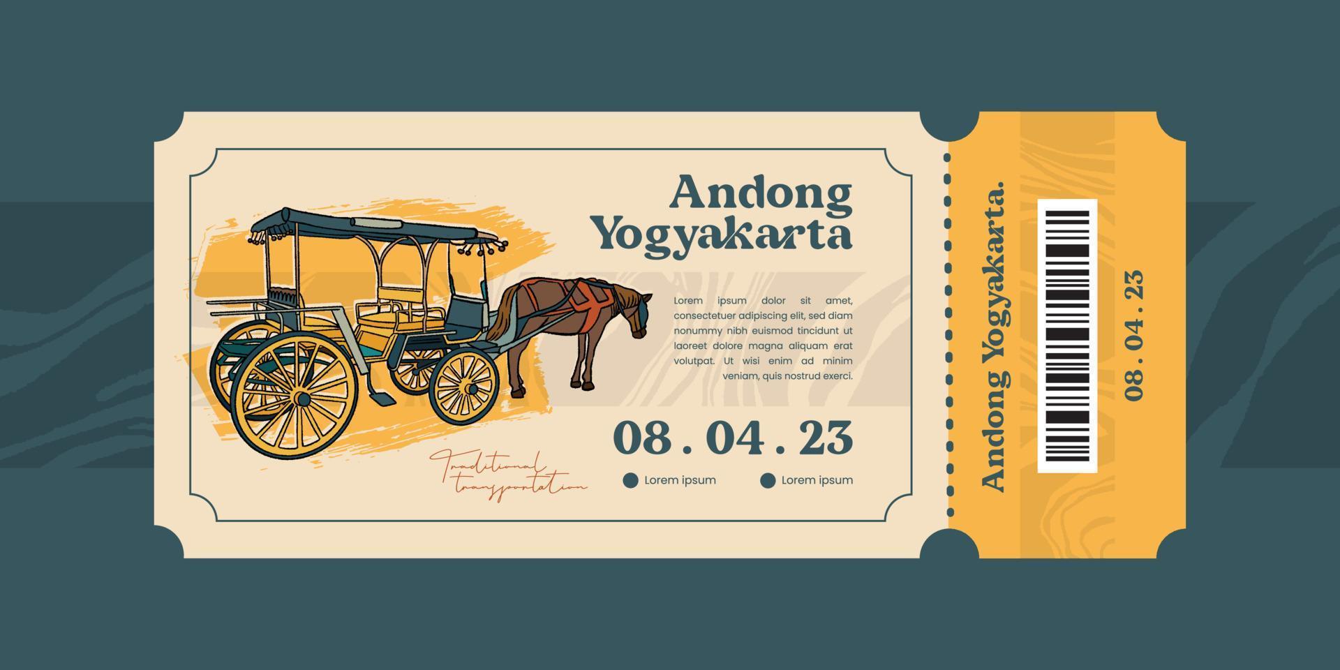 transporte tradicional andong yogyakarta ilustración. plantilla de idea de boleto de turismo vintage vector