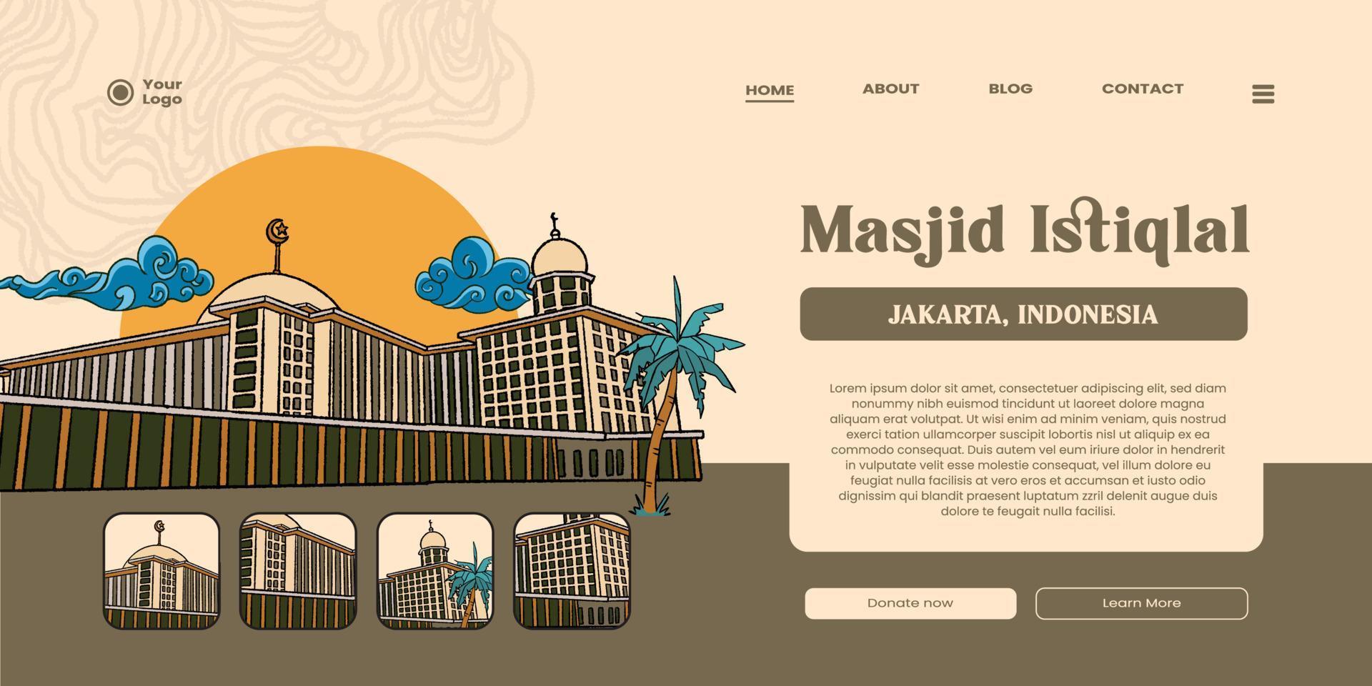 Religion building in Jakarta hand drawn illustration. UI design with Istiqal Mosque Indonesian background vector