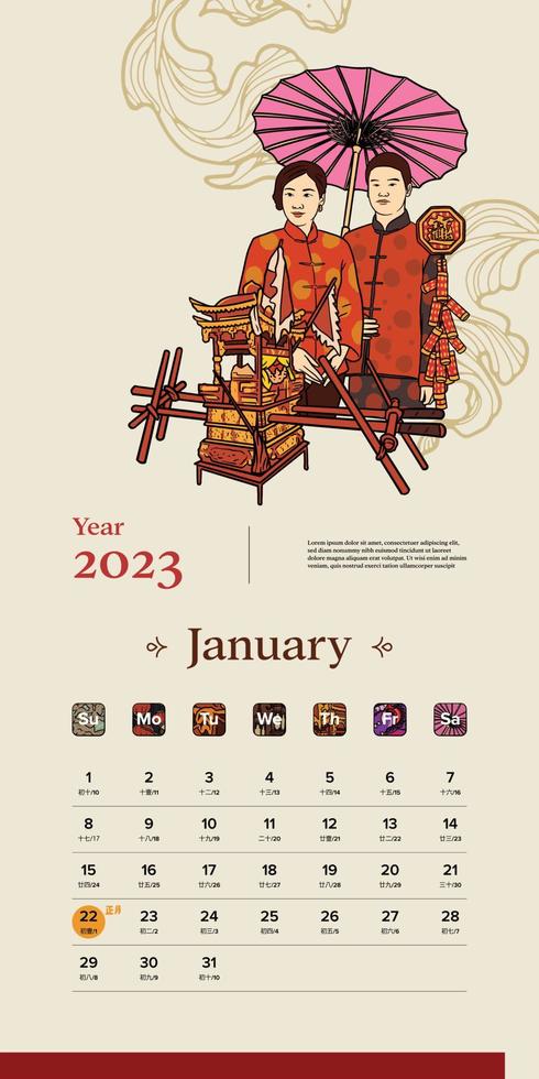 Chinese Calendar in January Indonesian Handrawn Illustration vector