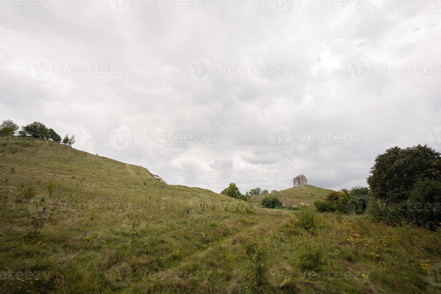 Pidkamin inselberg stone on hill landscape. Ukraine. photo