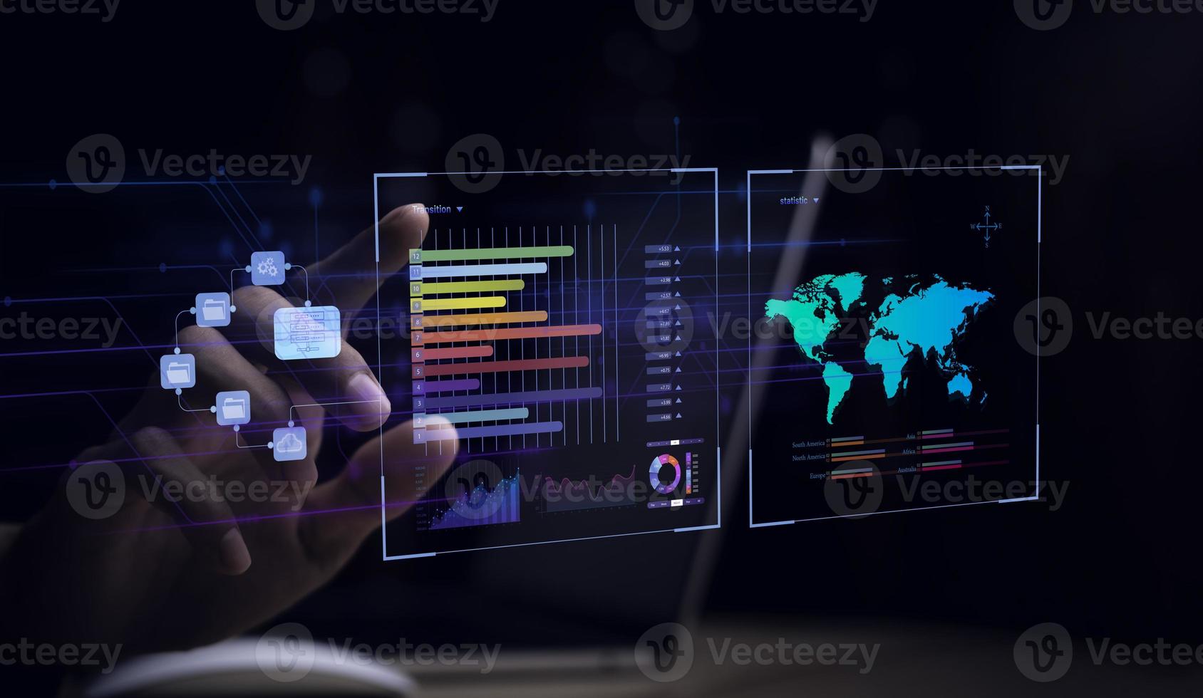 businessman working with business Analytics and Data Management System on computer, online document management and metrics connected to database. Corporate strategy for finance, operations, sales. photo