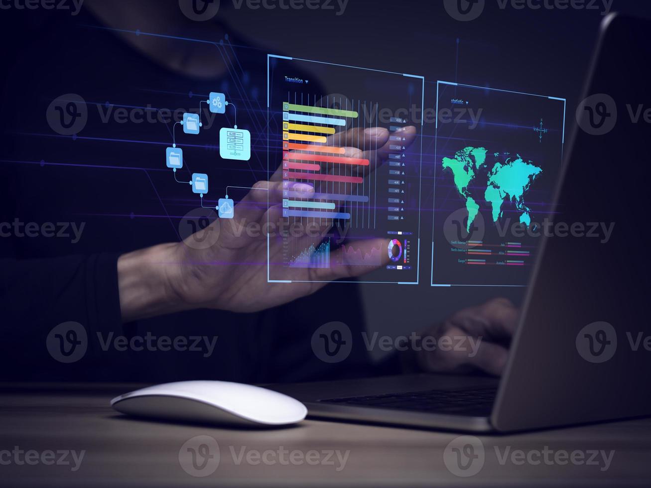 businessman working with business Analytics and Data Management System on computer, online document management and metrics connected to database. Corporate strategy for finance, operations, sales. photo