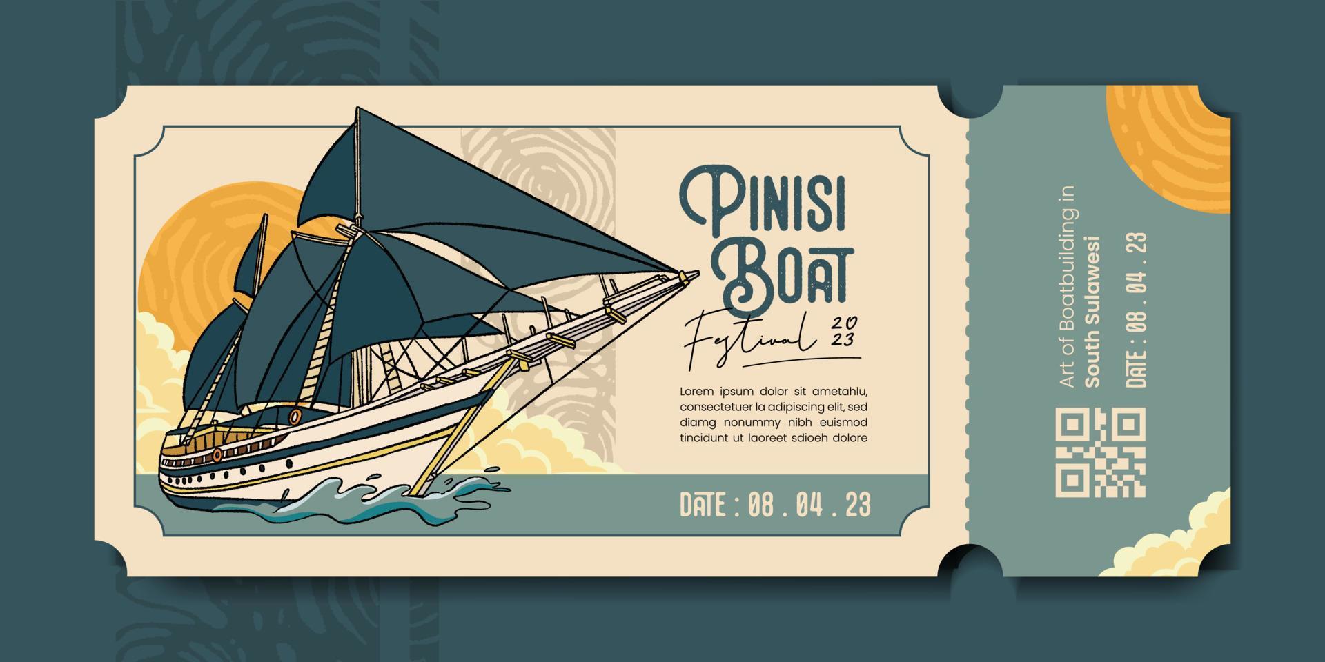 boleto de cupón de evento de transporte con pinisi boat south sulawesi ilustración dibujada a mano vector