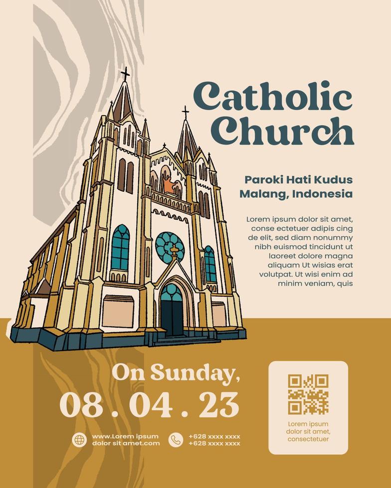 Religion building in Malang East Java hand drawn illustration. Hati Kudus Church  Indonesian Religion Building for Poster template vector