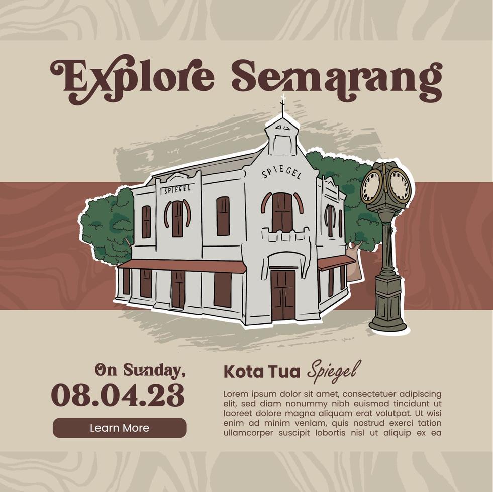 explore semarang con la ilustración de la ciudad vieja para publicar en las redes sociales vector