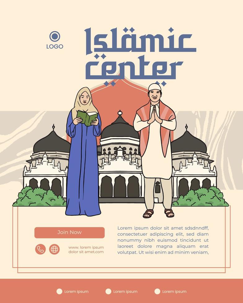 Moslem Leader Ustadz and Ustadzah hand drawn illustration poster layout vector