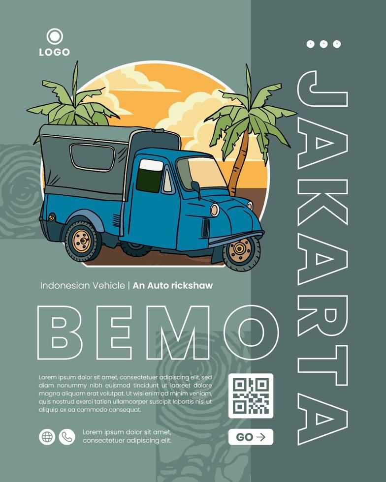 Local Vehicle an auto rickshaw Bemo from Jakarta Indonesia hand drawn Illustration vector