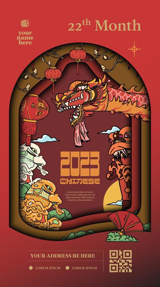 Luxury Chinese event hand drawn illustration with dragon barongsai and lattern vector