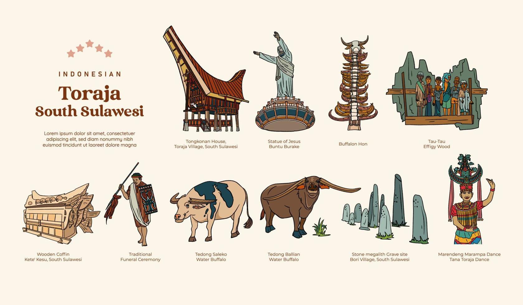 aislado tana toraja cultura indonesia dibujado a mano ilustración diseño inspiración vector