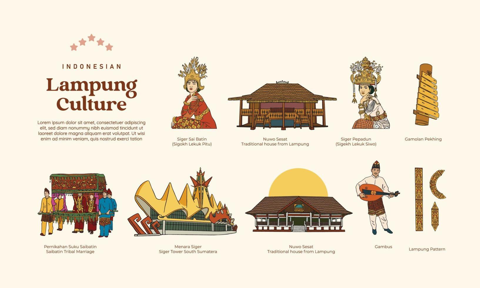 Set of isolated Lampung culture hand drawn illustration vector