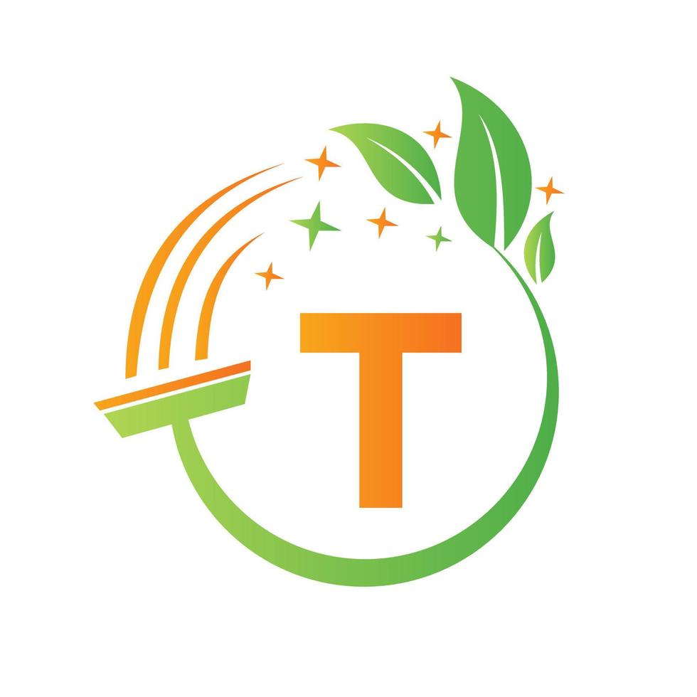 logotipo de mucama en concepto de letra t con icono de pincel limpio vector