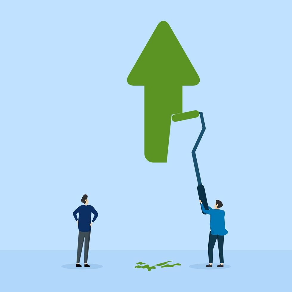 businessman partner help to paint green growth arrow graphic, Business profit growth, career advancement or development, investment income go up or partnership to help develop business concept. vector