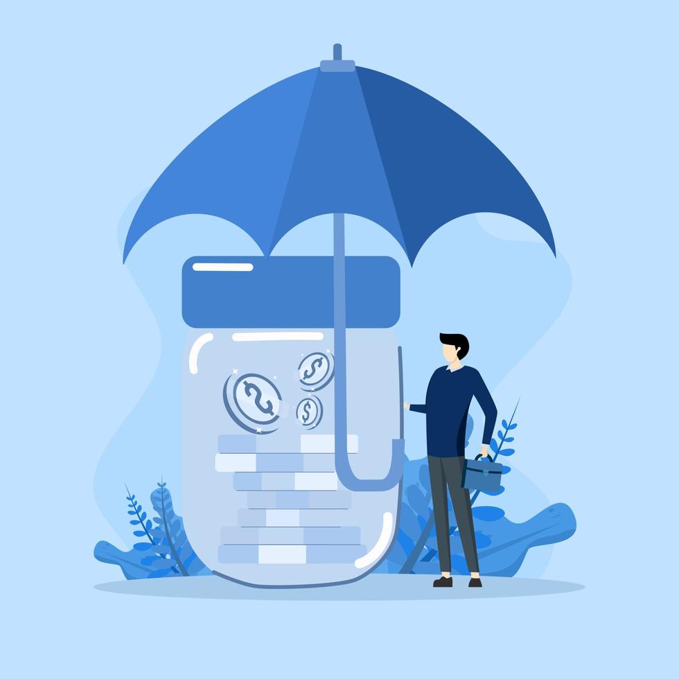 Insurance protection concept and financial savings from economic crisis, investment security or all weather portfolio concept, businessman with his piggy bank safety money covered by big umbrella. vector