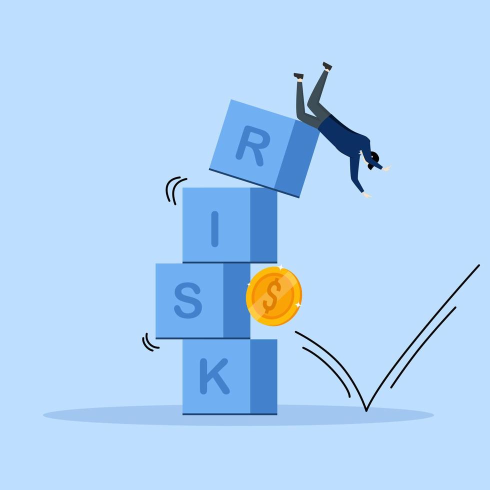 Concept of Risk in investing, volatility and fluctuation of stock market that price will decrease, businessman fall from stack of blocks with word impact RISK by coin money, stability concept. vector