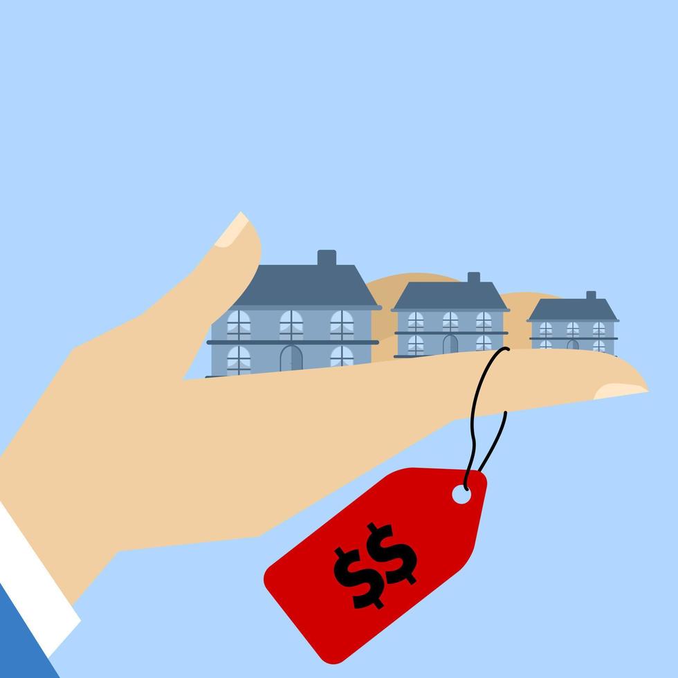 businessman hand of house variants Different sizes with different prices, Calculation of home or mortgage affordability, choosing a new home based on budget, income or lifestyle concept. vector