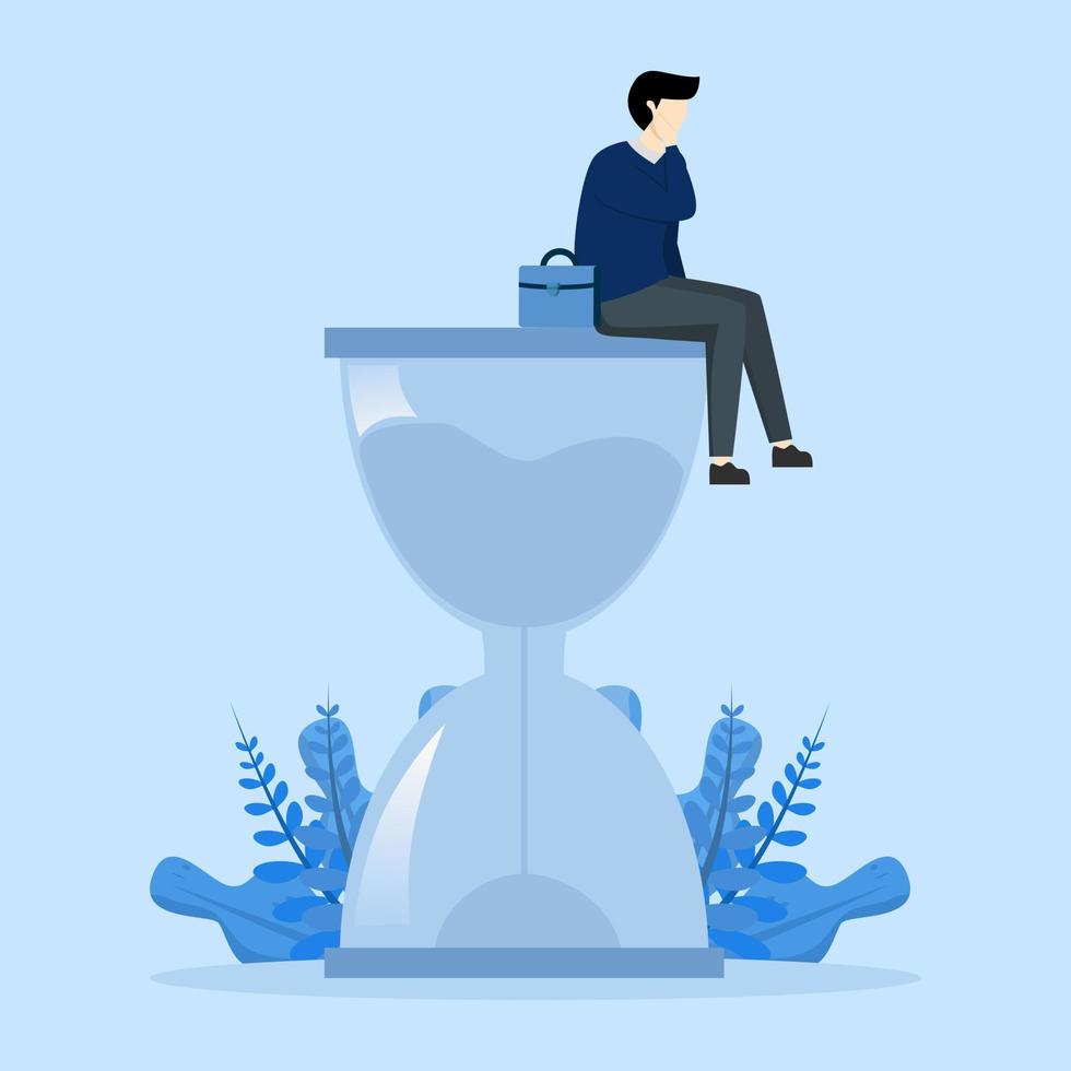 Concept Wasting time waiting and never starting new business, depressed businessman sitting on time past hourglass or hourglass, time passing or ineffective thinking or laziness concept. vector