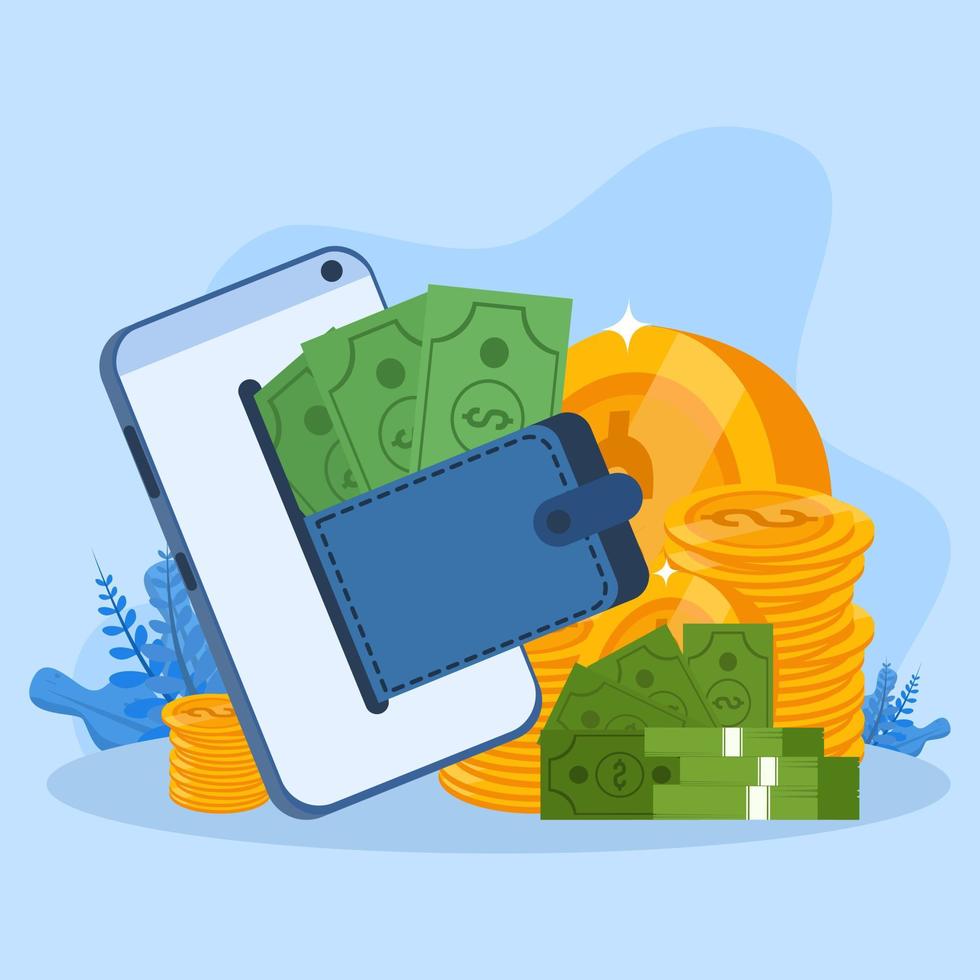 digital money concept wallet online payment banking technology transaction. Concept of online payment and digital billing. Mobile banking application and payment by credit card. Vector illustration.