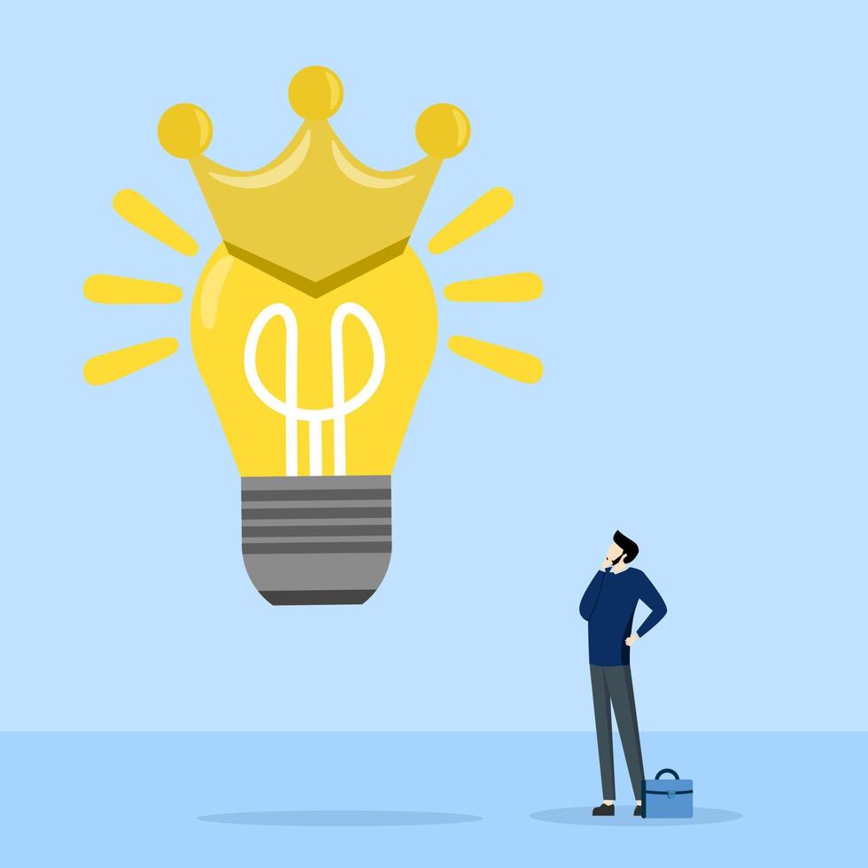 Brilliant idea concept, Shiny shining light bulb idea lamp wearing golden crown. Great and brilliant ideas, creative geniuses or winning ideas for business development. vector