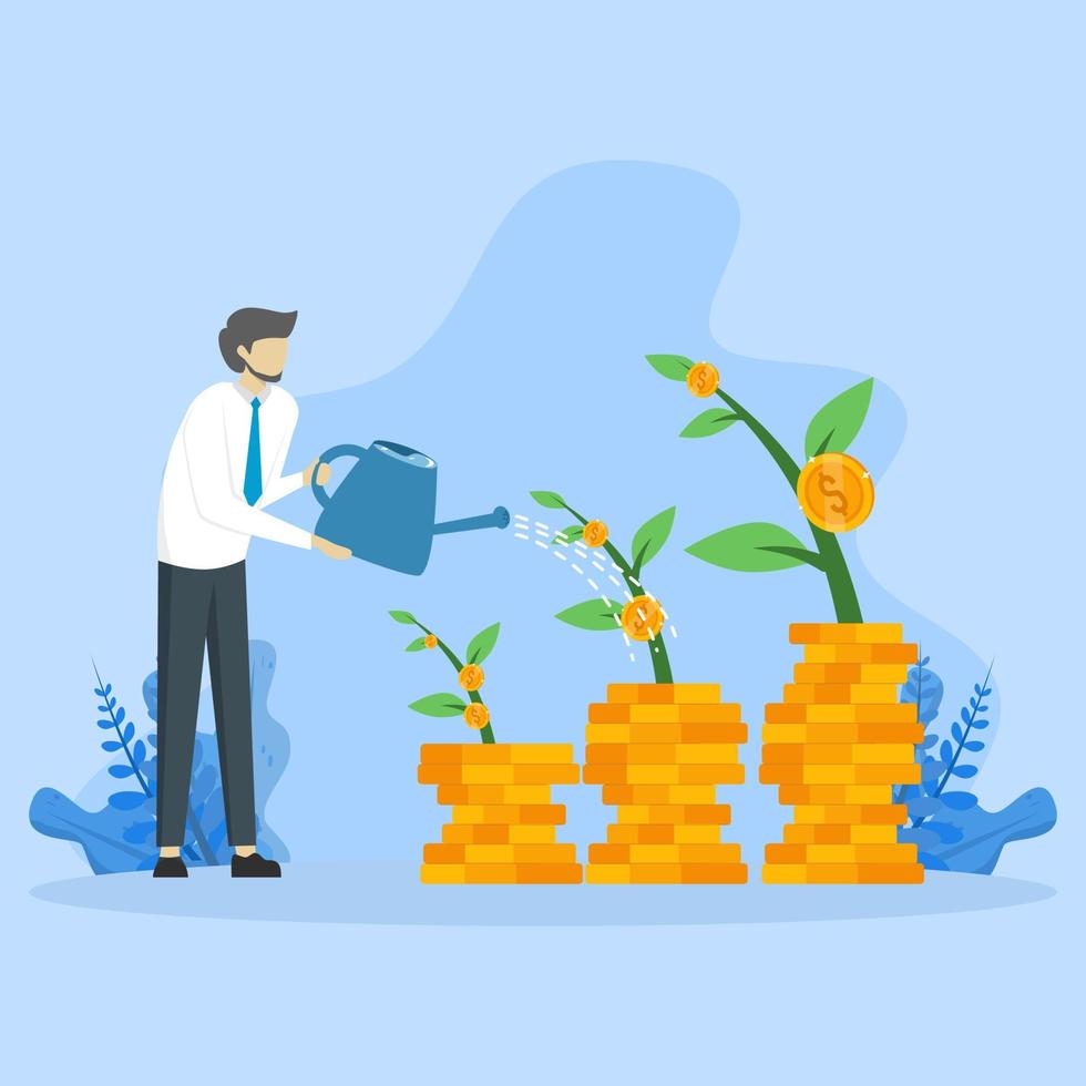 investment concept, finance, growth income, analyst, finance, economy, investor, report, progress or development concept, businessman watering money plant or increasing income. flat illustration. vector