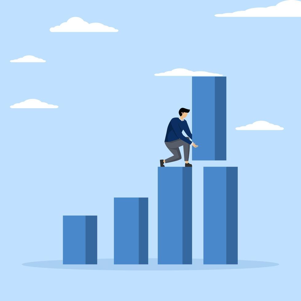 Concept Increase investment profit, GDP increase or growing business performance concept, successful businessman standing on a bar graph piling a large amount of profit over a bar graph. vector
