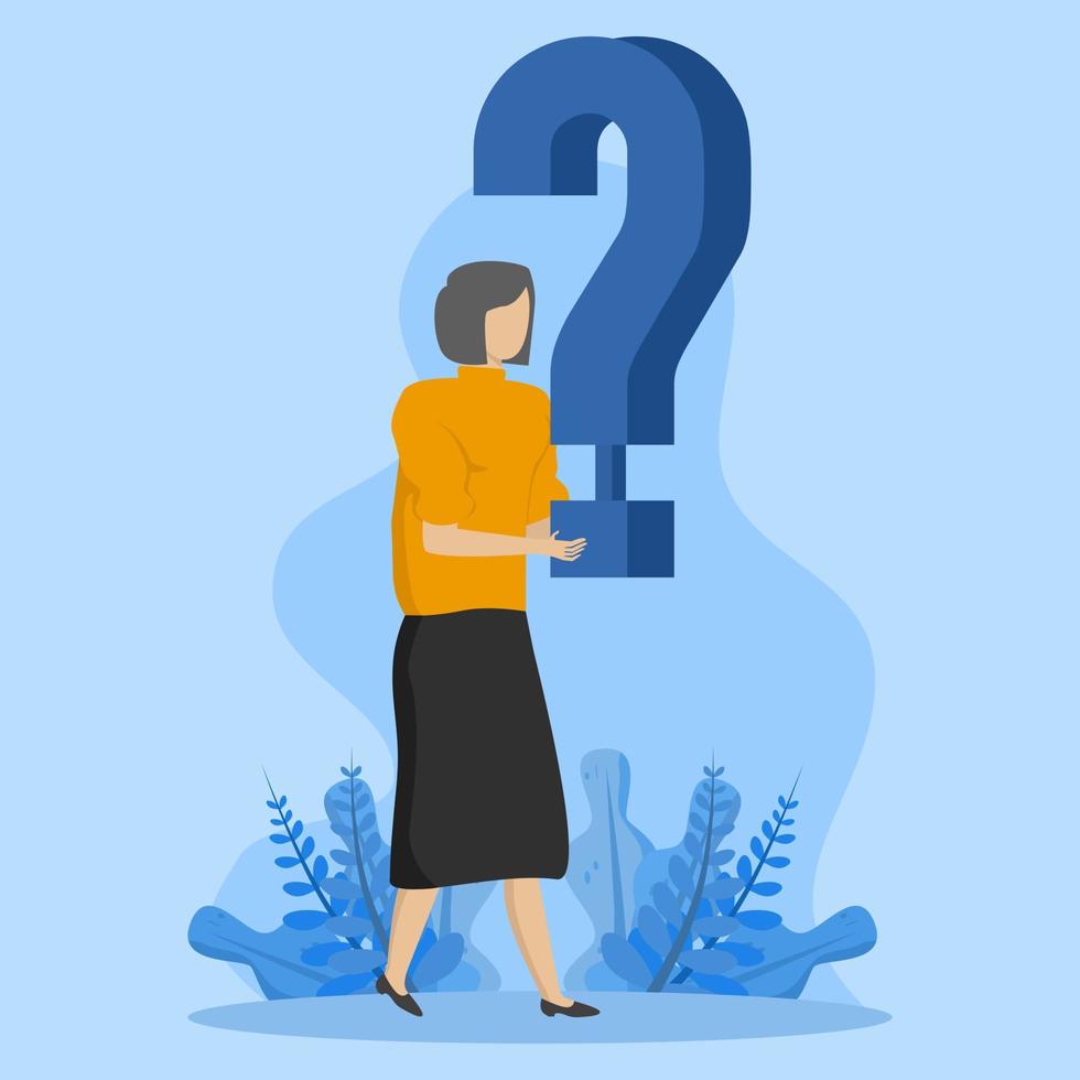 Concept In business question, doubt, problem solving or idea and creativity to answer and survive uncertainty concept, businesswoman holding big question mark and thinking about solution. vector