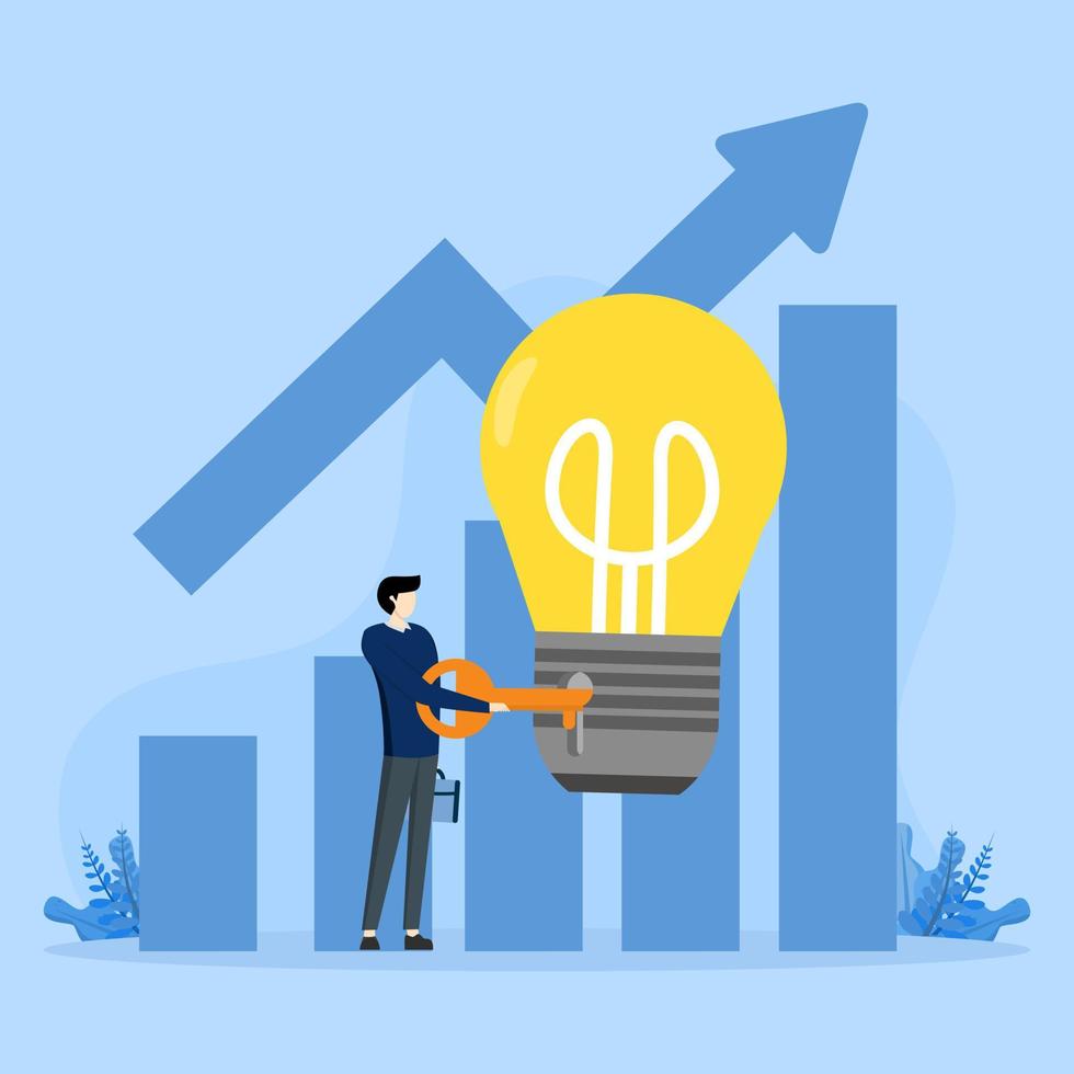 marketing process, Targeting marketing strategy, businessman, marketing strategy,unlocking idea, analyst, business plan, young businessman holding key to unlocking idea, flat vector illustration.