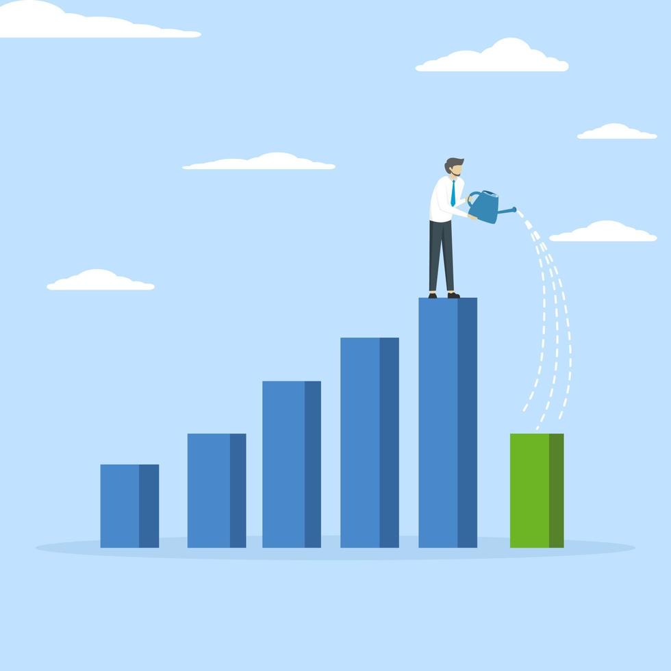 Economic recovery from money stimulus, leadership to grow business, business leader standing on profit bar chart watering this year bar chart growth, investment growth or profit and income concept. vector