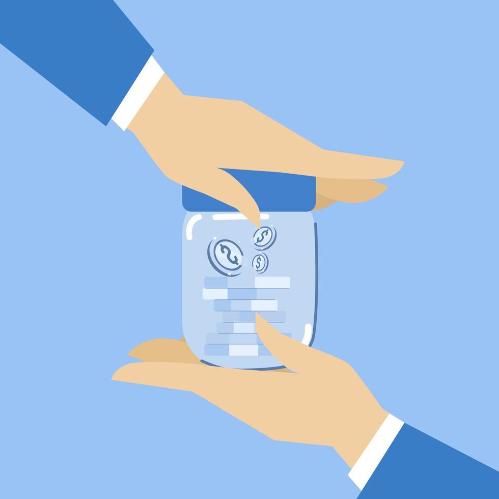 Financial risk guarantee concept, protecting money from inflation or economic crisis, tax or wealth management concept, insurance, businessman hand protecting piggy bank keeping money box. vector