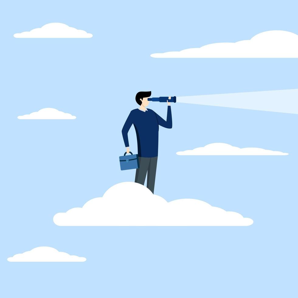 concept of seeing business Opportunity, leadership vision to see company strategy to achieve target concept, businessman driving telescope holding high cloud or binoculars looking for business visiona vector