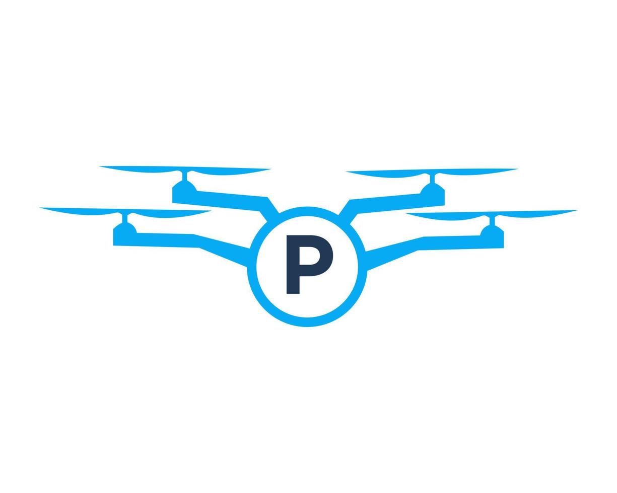 Drone Logo Design On Letter P Concept. Photography Drone Vector Template