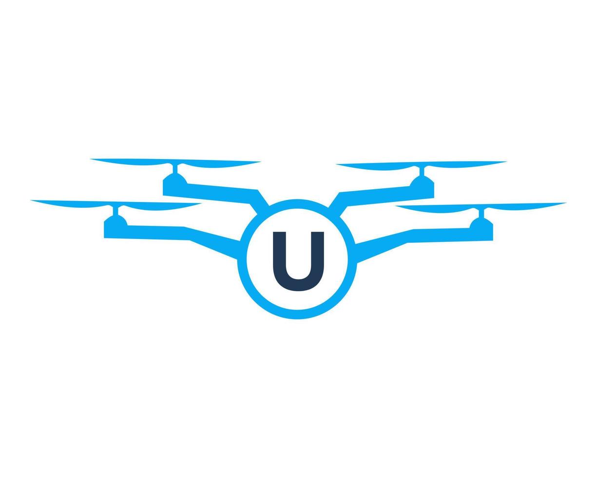 Drone Logo Design On Letter U Concept. Photography Drone Vector Template
