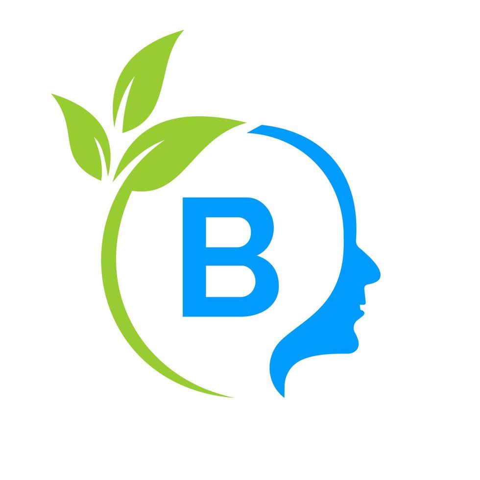 Small Tree Brain On B Letter Logo Design. Leaf Head Sign Template Healthcare And Fitness, Eco Leaf Thinking Head Concept Vector