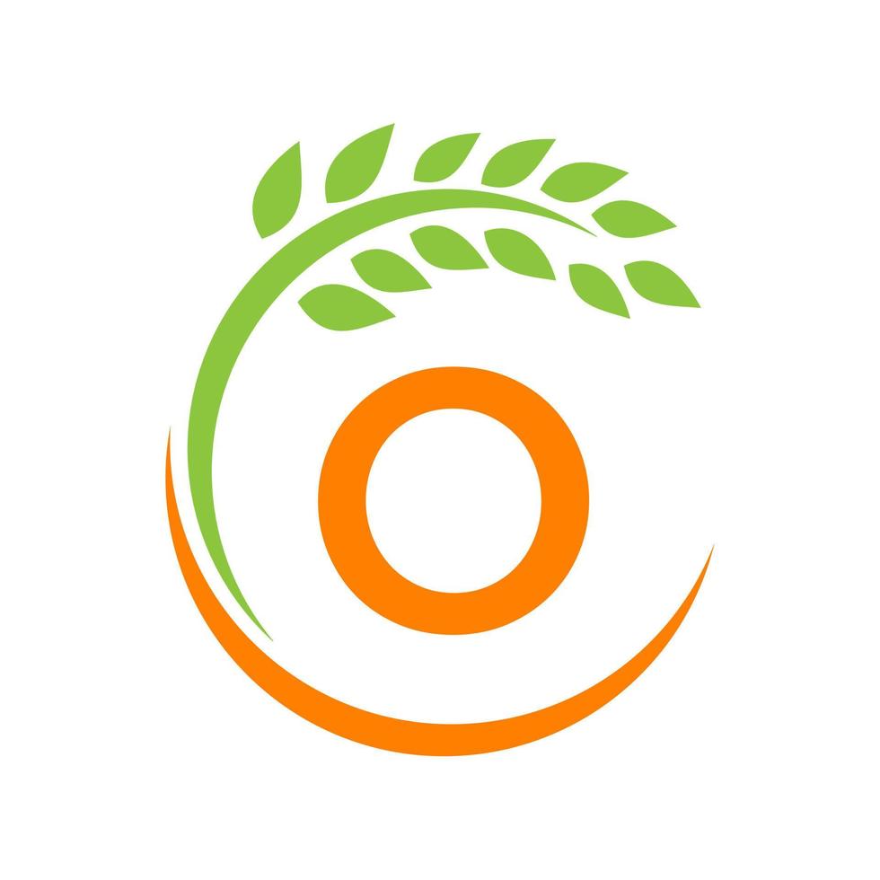 logotipo de agricultura en el concepto de letra o. agricultura y agricultura pastos, leche, logotipo de granero vector