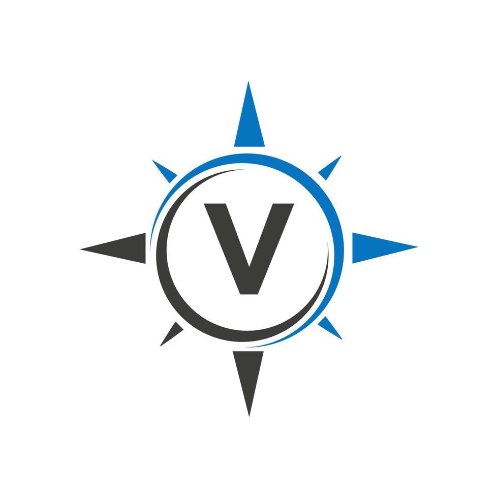 diseño del logotipo de la brújula en el concepto de letra v. plantilla de vector de signo de logotipo de aventura de brújula