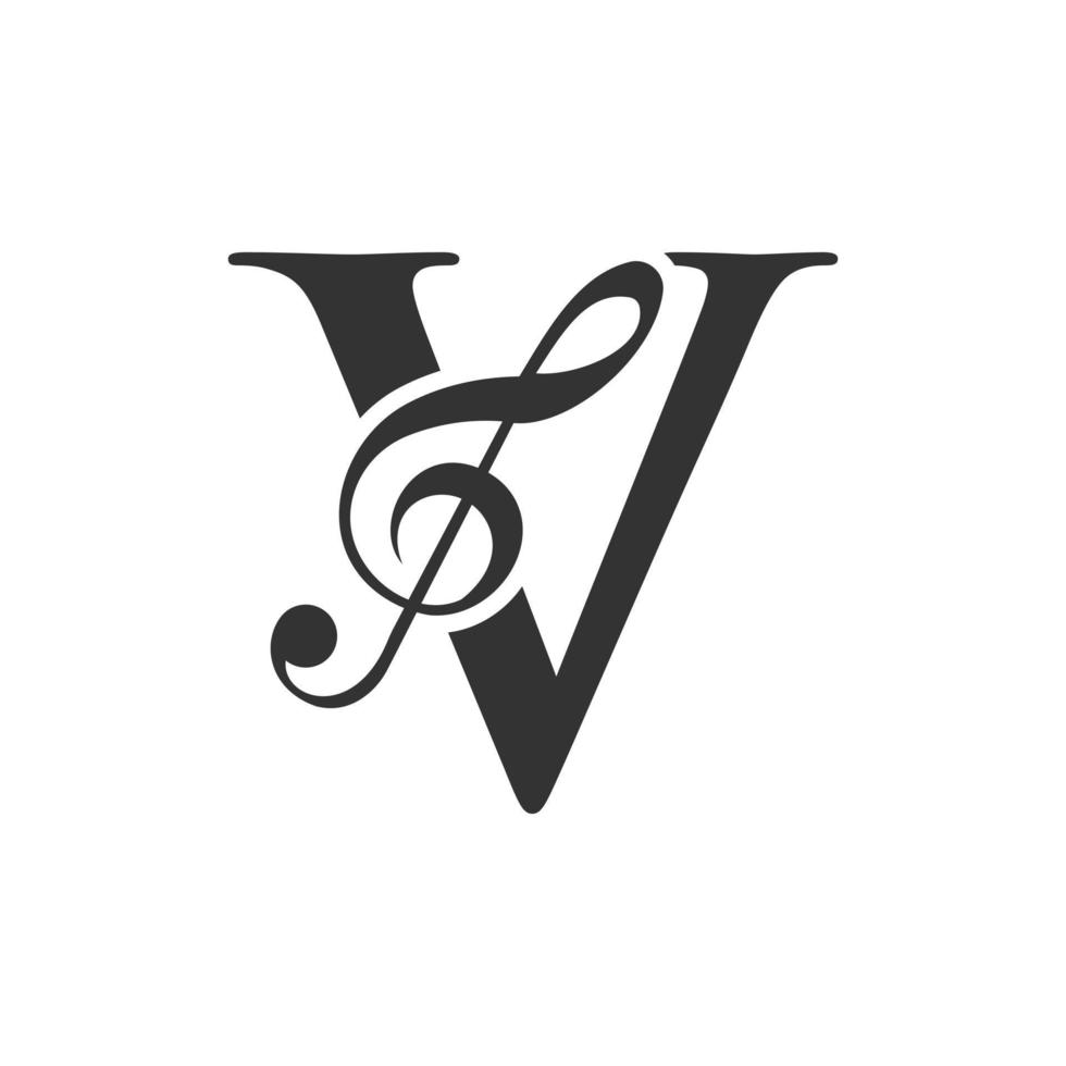 Music Logo On Letter V Concept. Music Note Sign, Sound Music Melody Template vector