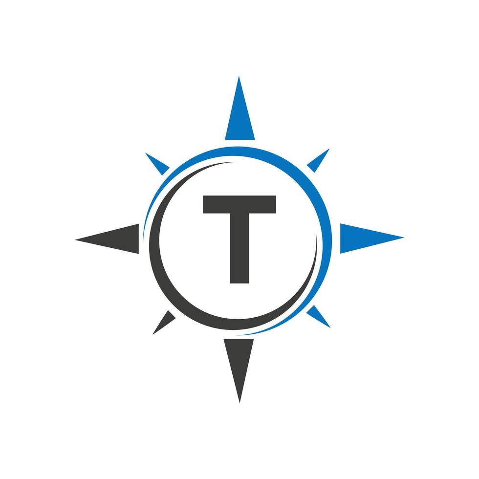 diseño del logotipo de la brújula en el concepto de letra t. plantilla de vector de signo de logotipo de aventura de brújula