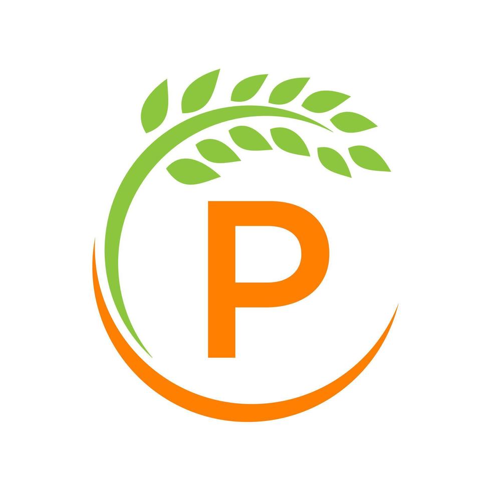 logotipo de agricultura en el concepto de letra p. agricultura y agricultura pastos, leche, logotipo de granero vector