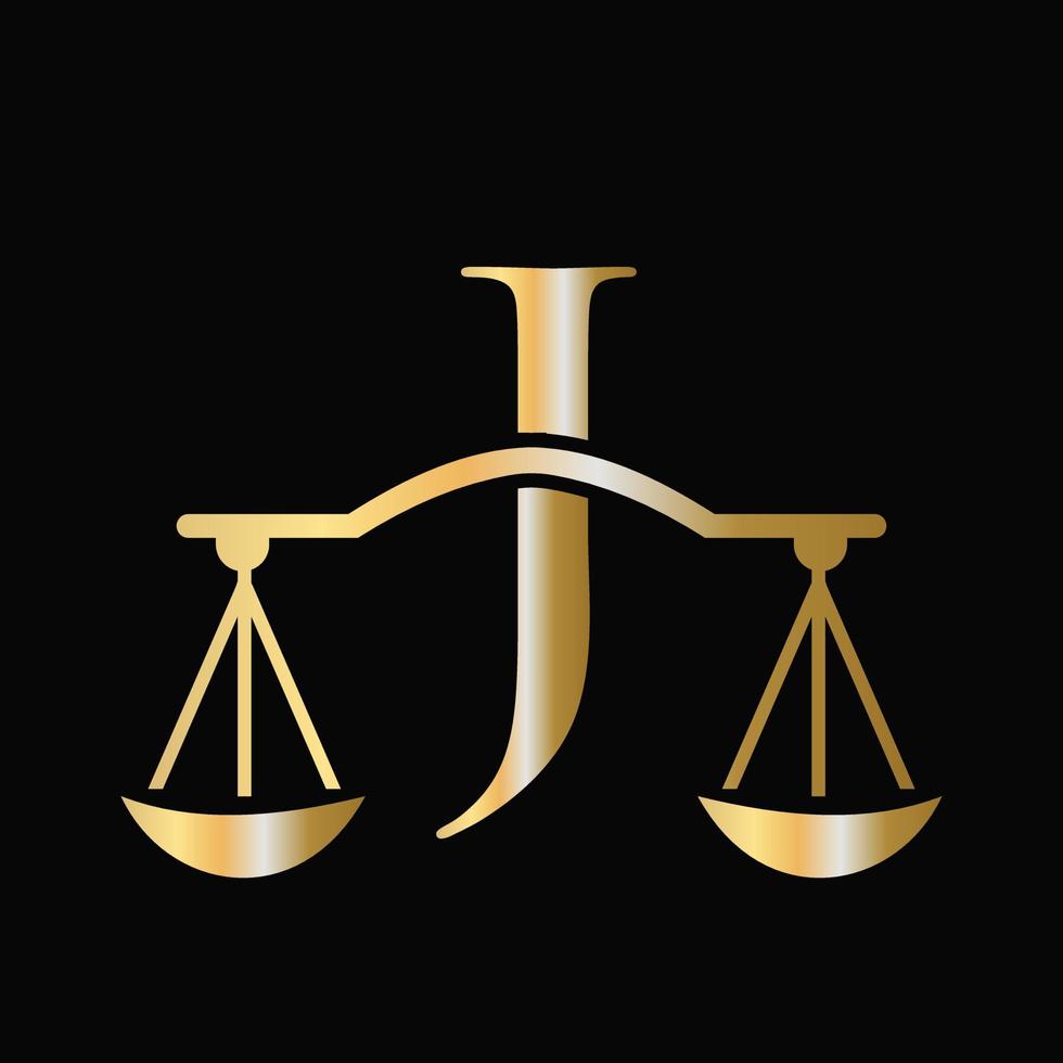 diseño del logotipo de la ley del abogado de escala letra j. pilar inicial, bufete de abogados, diseño de letrero de abogado vector