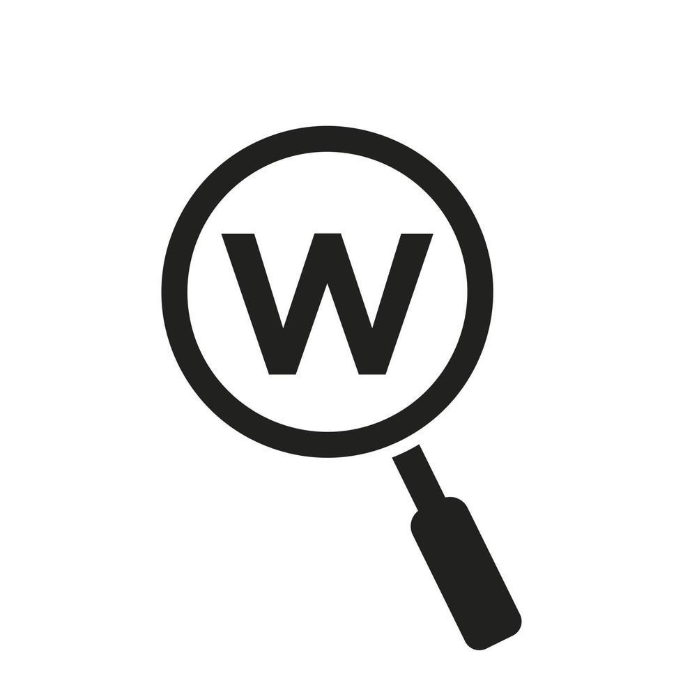 Search Logo On Letter W Vector Template. Magnifying Glass Sign