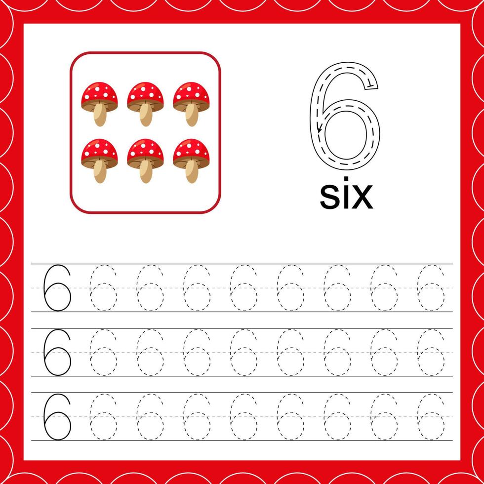 Cards with numbers for children. Trace the line. For kids learning to count and to write. Number six. Count mushroom game. vector