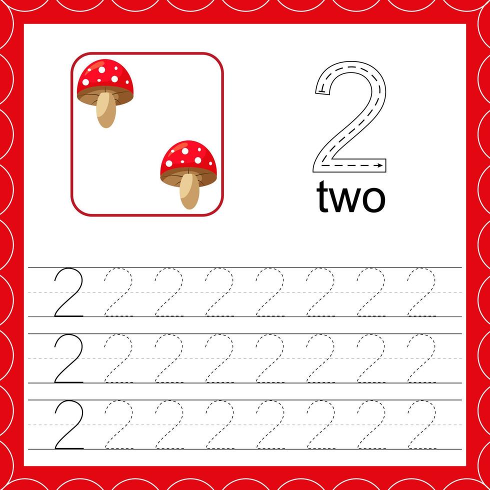 Cards with numbers for children. Trace the line. For kids learning to count and to write. Number two. Count mushroom game. vector