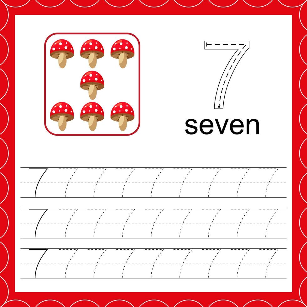 Cards with numbers for children. Trace the line. For kids learning to count and to write. Number seven. Count mushroom game. vector