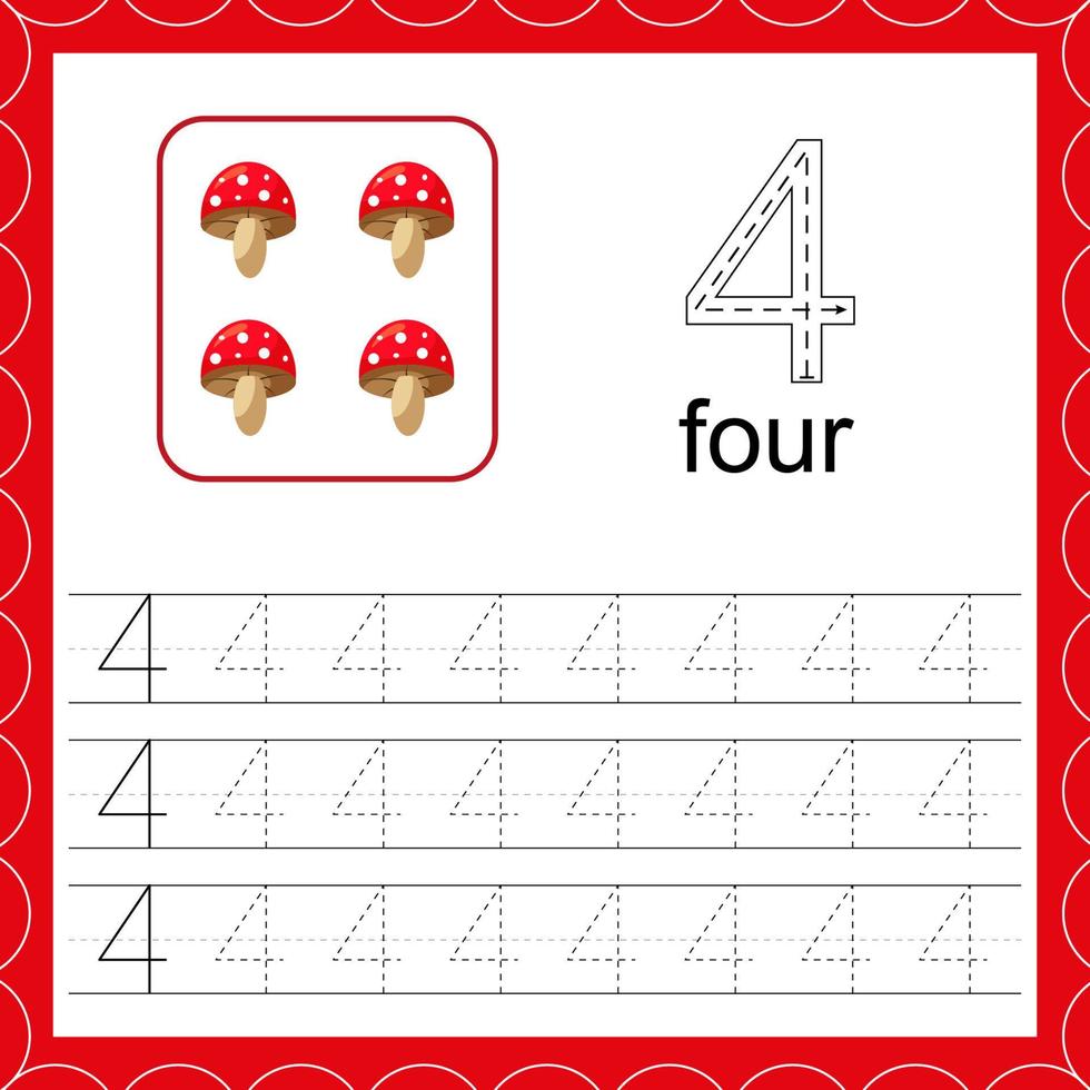 Cards with numbers for children. Trace the line. For kids learning to count and to write. Number four. Count mushroom game. vector