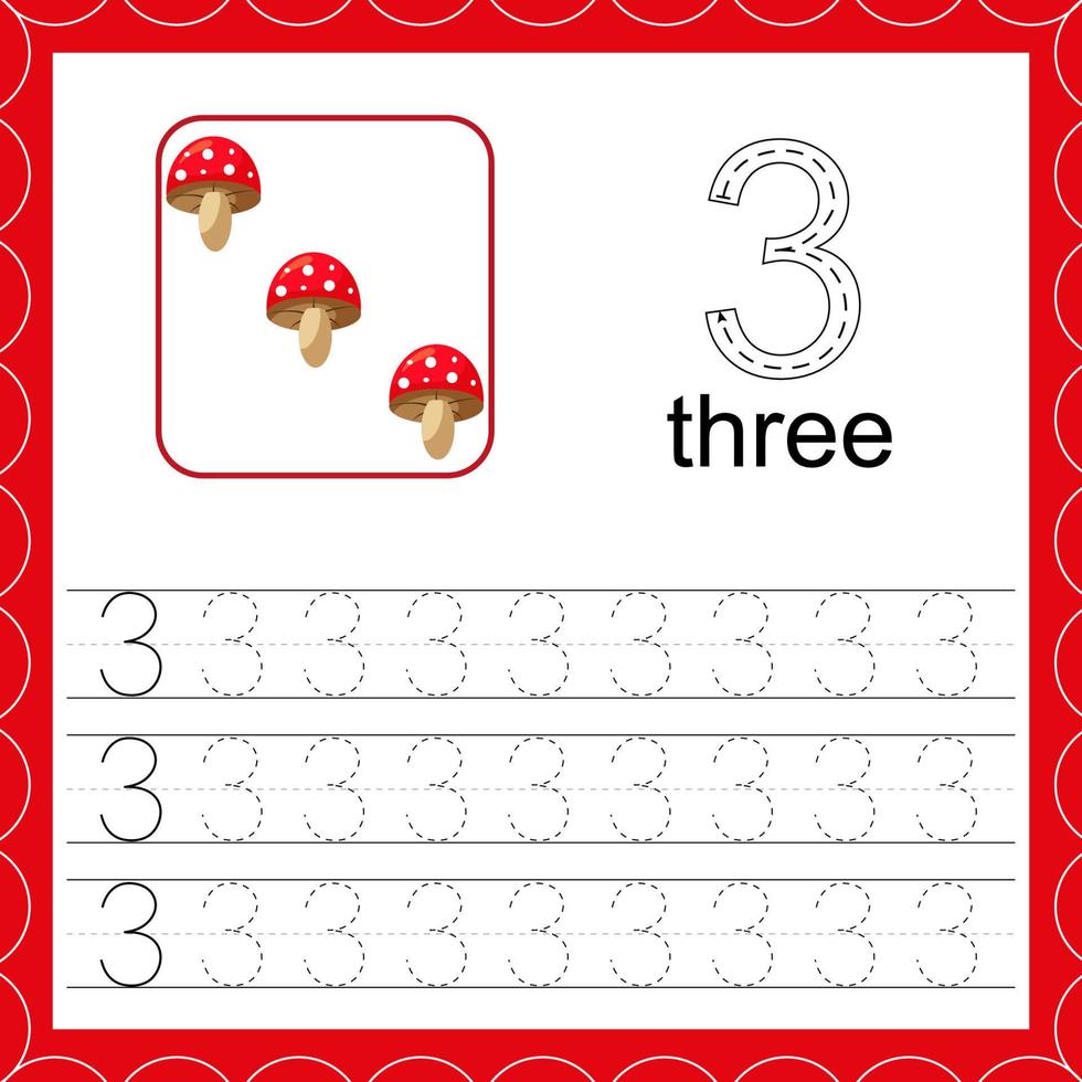 Cards with numbers for children. Trace the line. For kids learning to count and to write. Number three. Count mushroom game. vector