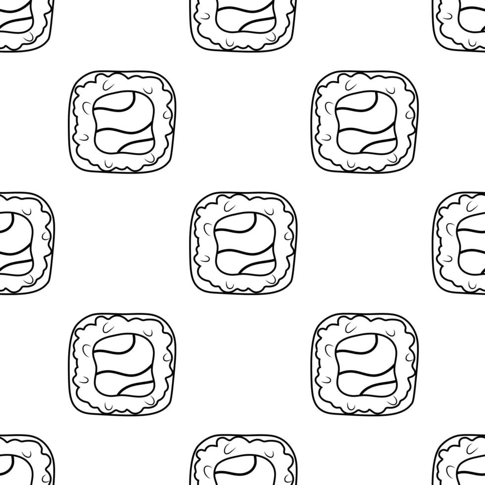 Seamless vector pattern with sushi rolls with salmon. Black and white line rolls