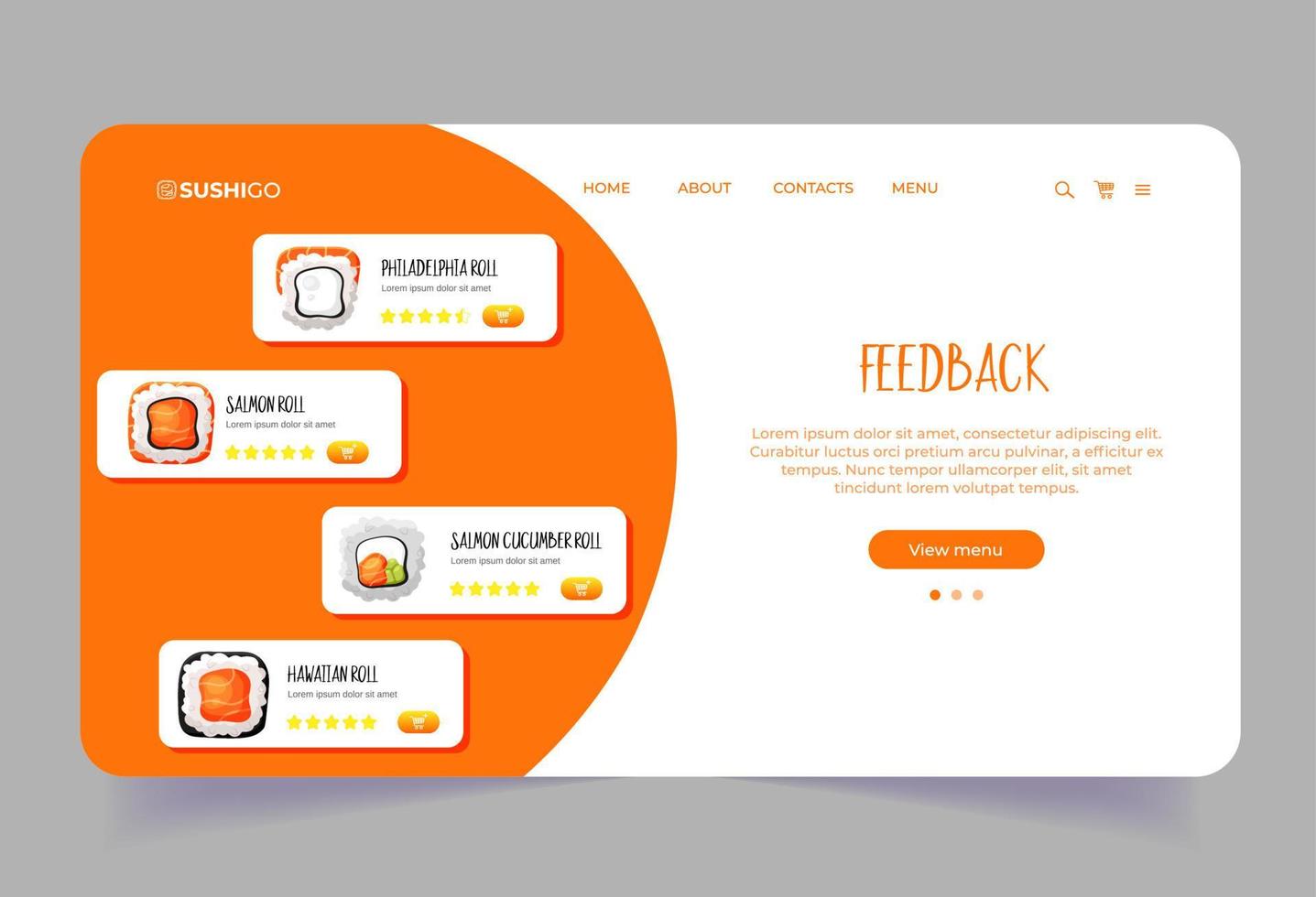 Feedback template with sashimi rating. Landing page template with Asian food. Sushi store homepage. Seafood menu vector