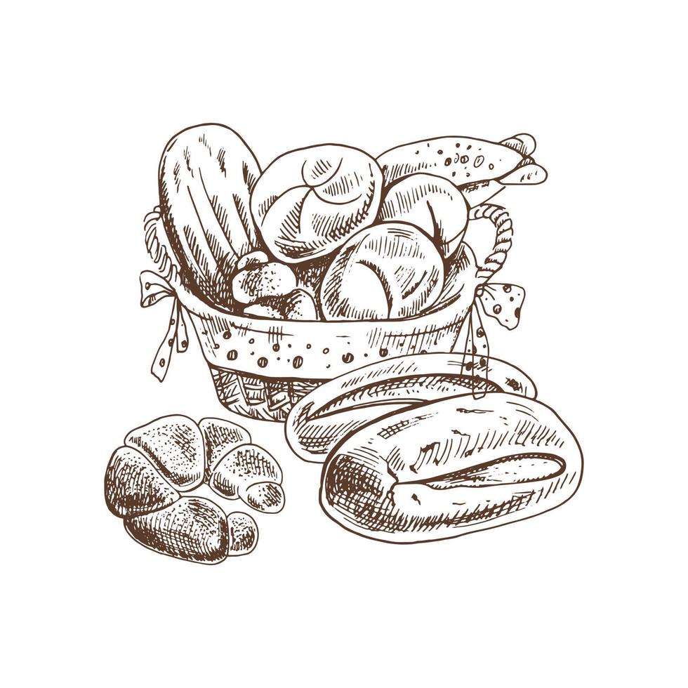 conjunto de panadería estilo boceto dibujado a mano vintage. cesta de mimbre con pan, bagel y bollo. dibujo aislado sobre fondo blanco. icono de esbozo y elemento de panadería. vector